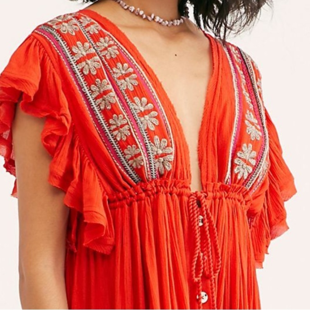 Free People Bali Will Wait For You Orange Embroidered Dress Small - Picture 2 of 7